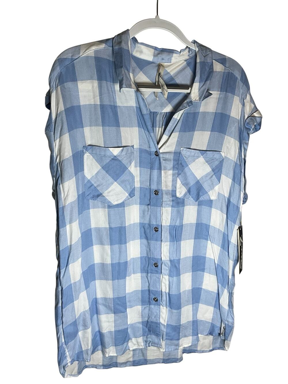 Seven7 Shirt Women's Large White Blue Check Double Pockets Sleeveless Button Up